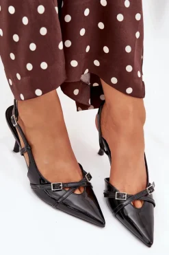 Lakierowane Czółenka Z Odkrytą Piętą I Paseczkami Czarne Ravira