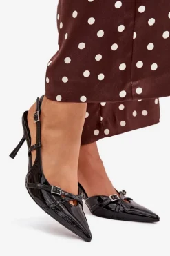 Lakierowane Czółenka Z Odkrytą Piętą I Paseczkami Czarne Ravira