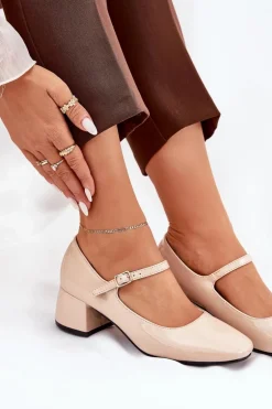 Lakierowane Czółenka Z Paskiem I Sprzączką Beżowe Savilae