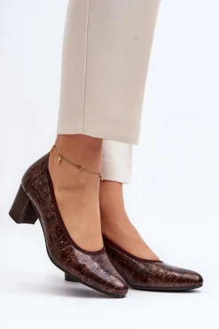 Lakierowane Czółenka Z Tłoczeniem Brązowe Cynania