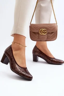 Lakierowane Czółenka Z Tłoczeniem Brązowe Cynania