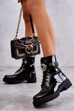 Lakierowane Damskie Botki Z Ćwiekami Czarne Leticia