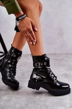 Lakierowane Damskie Botki Z Ćwiekami Czarne Leticia
