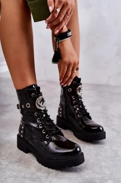 Lakierowane Damskie Botki Z Ćwiekami Czarne Leticia