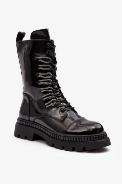 Lakierowane Damskie Botki Workery Sznurowane Czarne S.Barski MR870-72