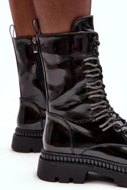 Lakierowane Damskie Botki Workery Sznurowane Czarne S.Barski MR870-72