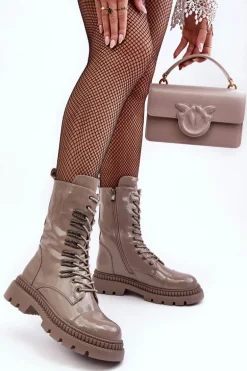 Lakierowane Damskie Botki Workery Sznurowane Ciemnobeżowe S.Barski MR870-72