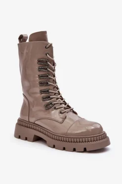 Lakierowane Damskie Botki Workery Sznurowane Ciemnobeżowe S.Barski MR870-72