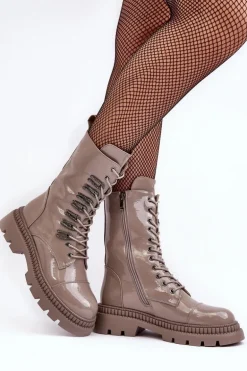 Lakierowane Damskie Botki Workery Sznurowane Ciemnobeżowe S.Barski MR870-72