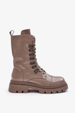 Lakierowane Damskie Botki Workery Sznurowane Ciemnobeżowe S.Barski MR870-72