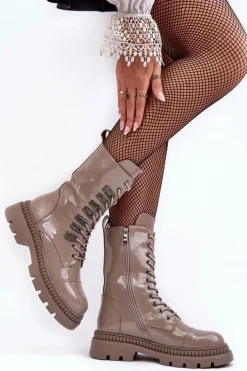 Lakierowane Damskie Botki Workery Sznurowane Ciemnobeżowe S.Barski MR870-72