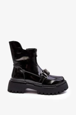 Lakierowane Damskie Botki Na Suwak D&A MR870-94 Czarne