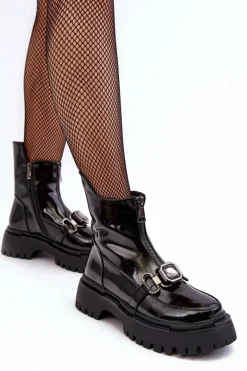 Lakierowane Damskie Botki Na Suwak D&A MR870-94 Czarne