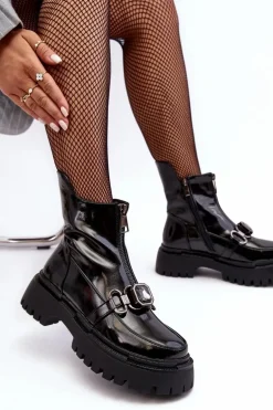 Lakierowane Damskie Botki Na Suwak D&A MR870-94 Czarne