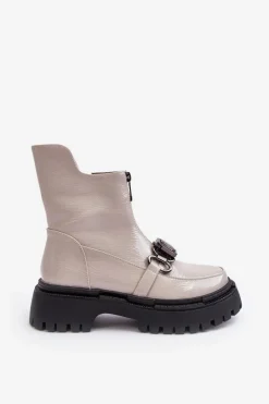 Lakierowane Damskie Botki Na Suwak D&A MR870-94 Jasnoszare