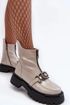 Lakierowane Damskie Botki Na Suwak D&A MR870-94 Jasnoszare