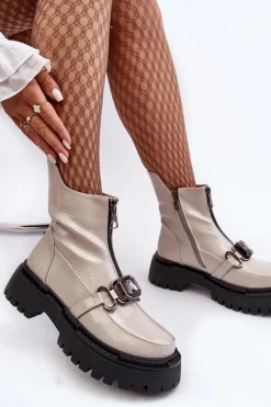 Lakierowane Damskie Botki Na Suwak D&A MR870-94 Jasnoszare