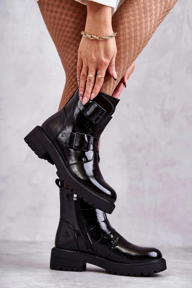 Lakierowane Damskie Botki Na Suwak Czarne Gritta