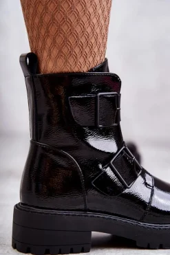 Lakierowane Damskie Botki Na Suwak Czarne Gritta
