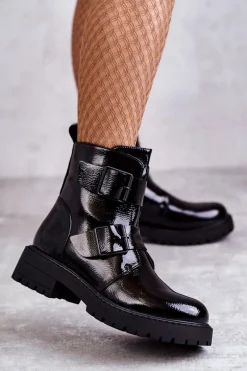 Lakierowane Damskie Botki Na Suwak Czarne Gritta