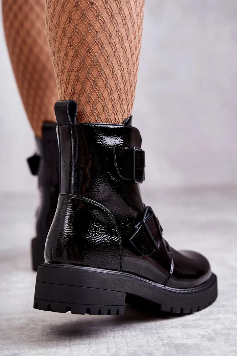 Lakierowane Damskie Botki Na Suwak Czarne Gritta