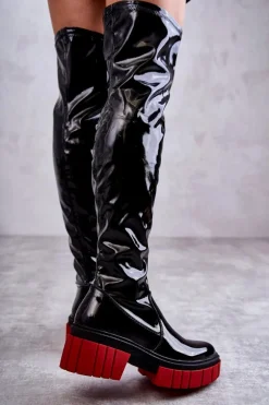 Lakierowane Damskie Kozaki Za Kolano Czarne Callen