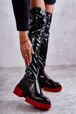 Lakierowane Damskie Kozaki Za Kolano Czarne Callen