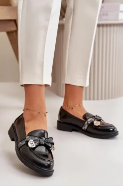 Lakierowane Damskie Mokasyny Z Kokardą S.Barski HY42-331A Czarne