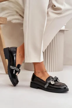 Lakierowane Damskie Mokasyny Z Kokardą S.Barski HY42-331A Czarne