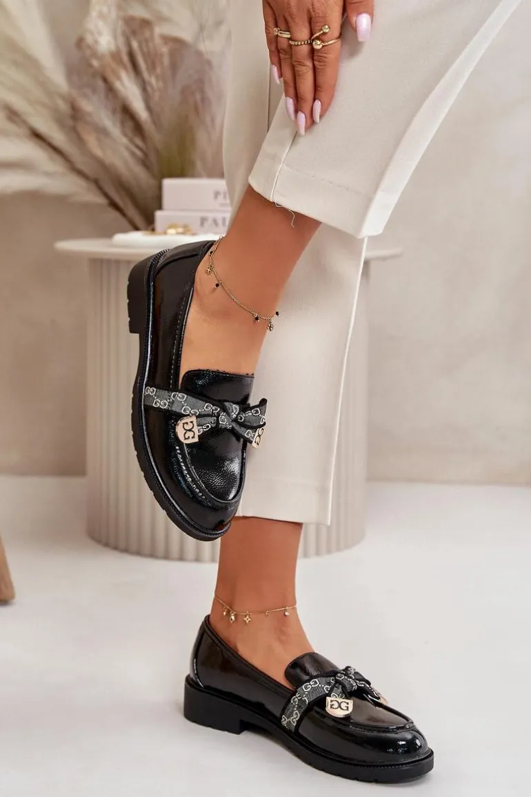 Lakierowane Damskie Mokasyny Z Kokardą S.Barski HY42-331A Czarne