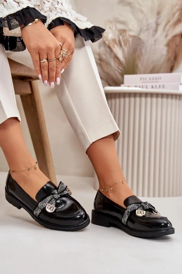 Lakierowane Damskie Mokasyny Z Kokardą S.Barski HY42-331A Czarne