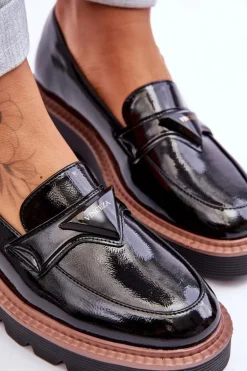 Lakierowane Damskie Mokasyny Na Platformie Z Ozdobą Czarne Jonett