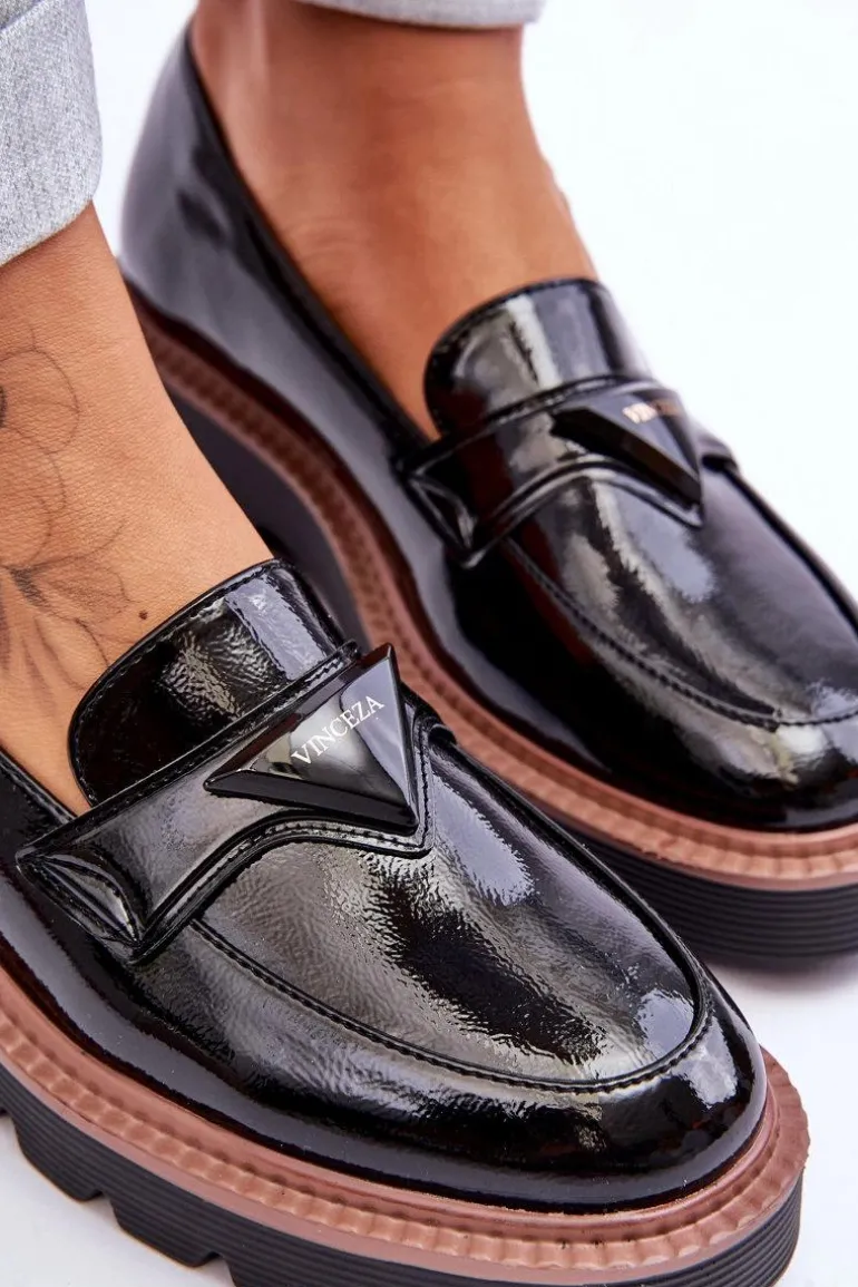 Lakierowane Damskie Mokasyny Na Platformie Z Ozdobą Czarne Jonett