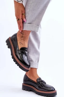 Lakierowane Damskie Mokasyny Na Platformie Z Ozdobą Czarne Jonett