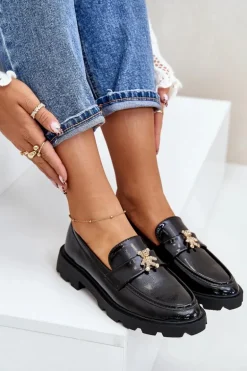 Lakierowane Damskie Mokasyny Z Misiem Czarne Kaithra