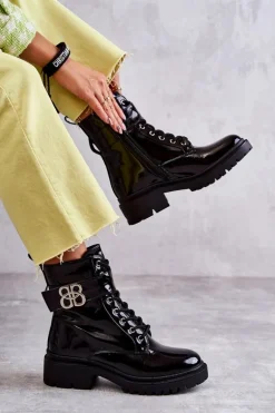 Lakierowane Damskie Ocieplane Botki Z Ozdobą Czarne Hayes