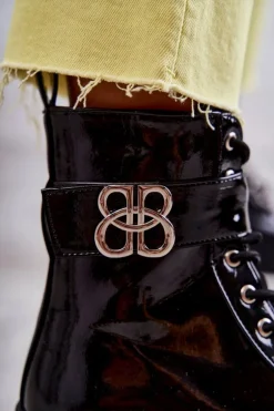 Lakierowane Damskie Ocieplane Botki Z Ozdobą Czarne Hayes