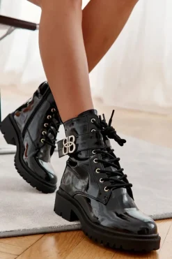 Lakierowane Damskie Ocieplane Botki Z Ozdobą Czarne Hayes