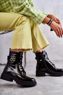 Lakierowane Damskie Ocieplane Botki Z Ozdobą Czarne Hayes