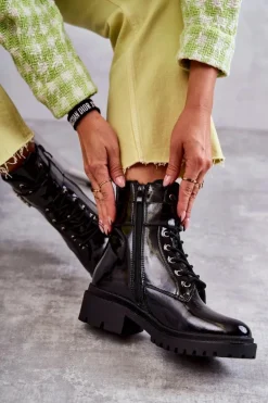 Lakierowane Damskie Ocieplane Botki Z Ozdobą Czarne Hayes