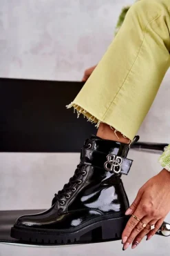 Lakierowane Damskie Ocieplane Botki Z Ozdobą Czarne Hayes