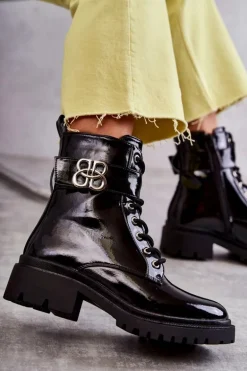 Lakierowane Damskie Ocieplane Botki Z Ozdobą Czarne Hayes