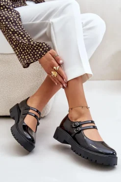 Lakierowane Damskie Półbuty Z Paskami Czarne Rialuna