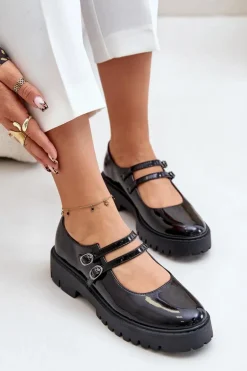 Lakierowane Damskie Półbuty Z Paskami Czarne Rialuna