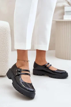 Lakierowane Damskie Półbuty Z Paskami Czarne Rialuna