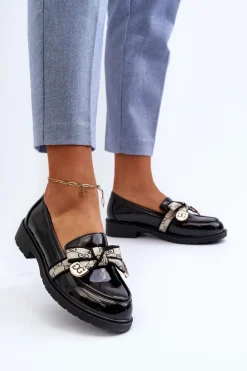 Lakierowane Damskie Półbuty Mokasyny S.Barski HY330A Czarne