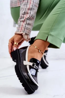 Lakierowane Damskie Półbuty Loafery Czarno-Białe Cassida