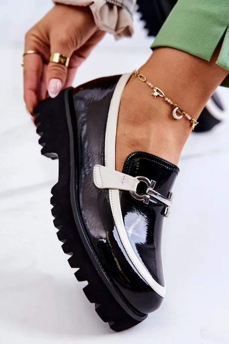 Lakierowane Damskie Półbuty Loafery Czarno-Białe Cassida