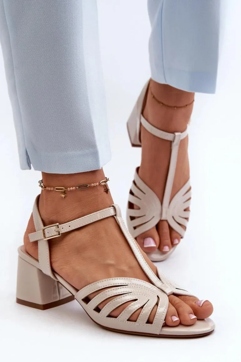 Lakierowane Damskie Sandały Na Obcasie Sergio Leone SK880 Beżowe