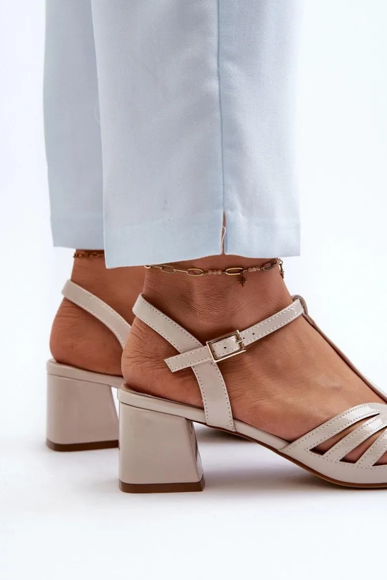 Lakierowane Damskie Sandały Na Obcasie Sergio Leone SK880 Beżowe